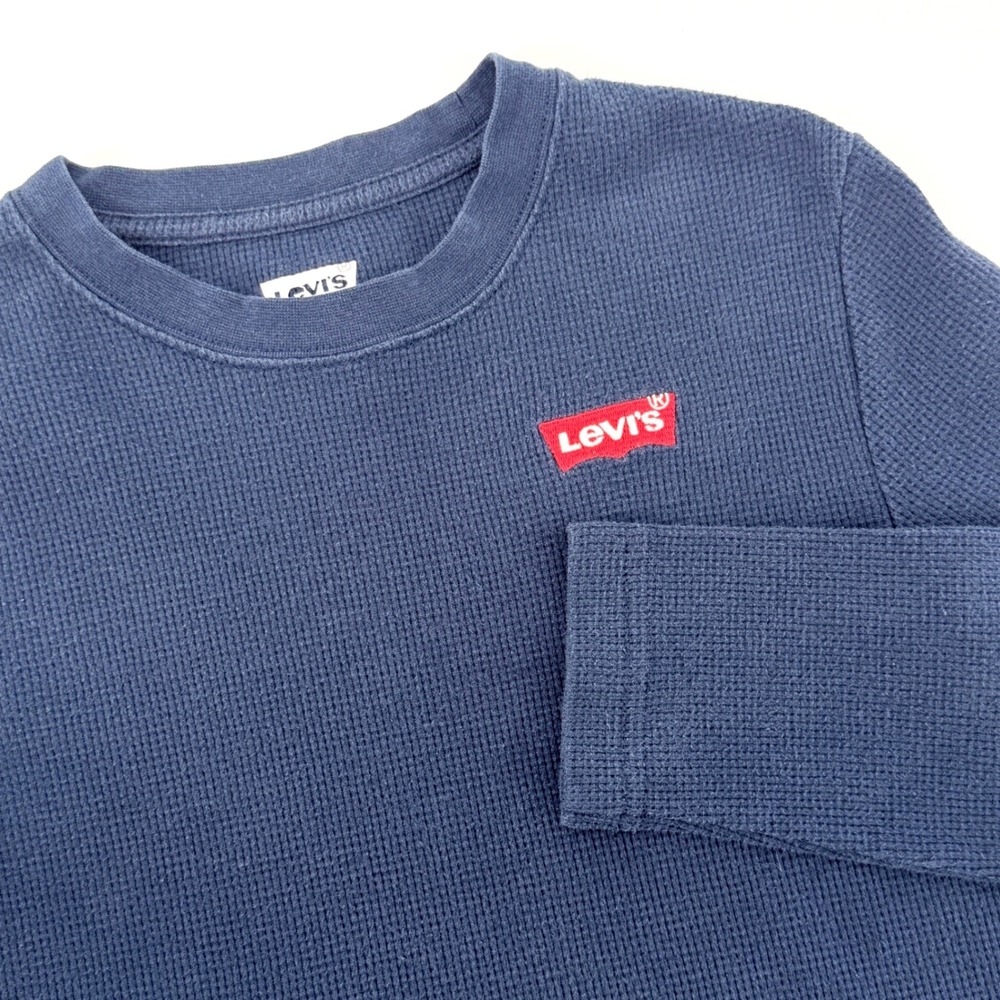 Levis Thermal Shirt Youth M 10/12 Blue Fair Waffle Knit Long Sleeve Logo